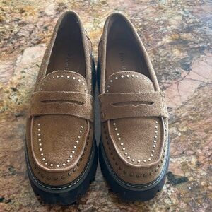 Donald J. Pliner Tan Suede Loafers with Stud Accents